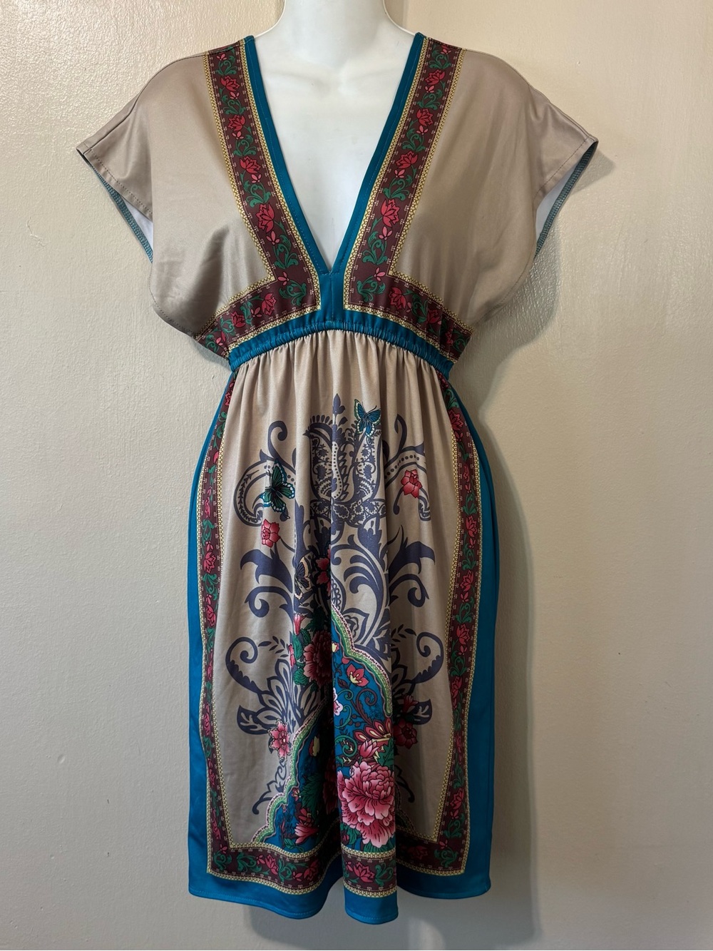Flying Tomato Chartreuse Green & Blue Boho Patterned Floral Mini Dress
